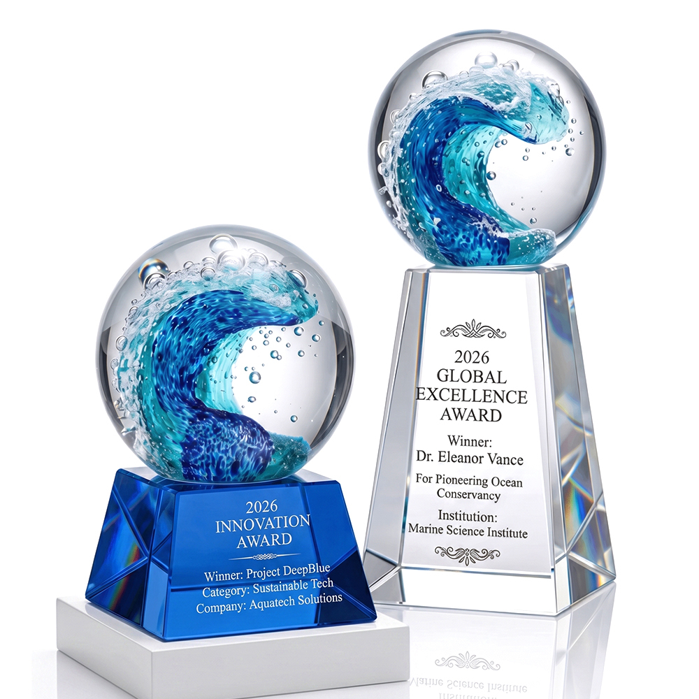 Hot Selling Nobel Style Surfing Art Crystal Trophy Award Transparent Base Corporate Excellence Employee Recognition