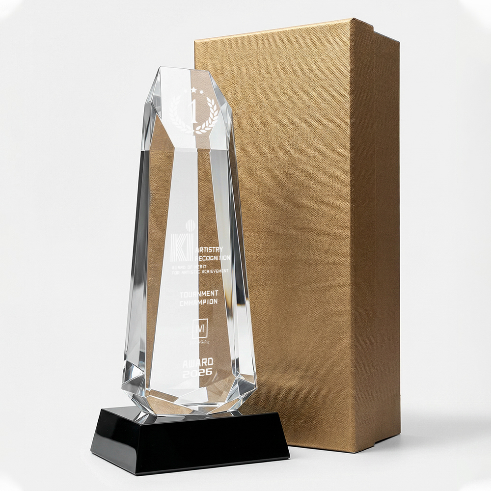 Custom K9 Crystal Trophy Laser Engraved Logo Pyramid Black Base Service Contribution Recognition Plaque Employee Appreciation