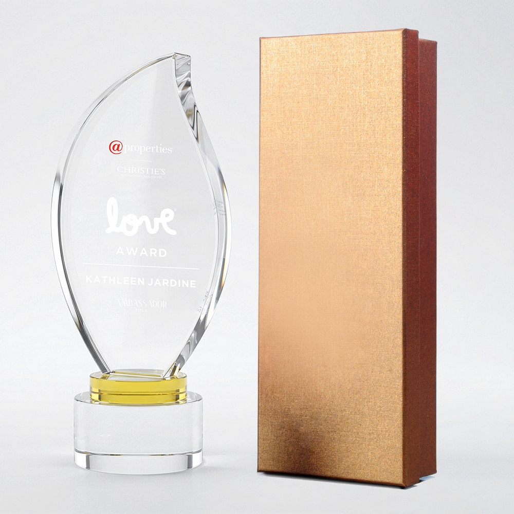 Custom Crystal Trophy Award Personalized Engraved Blue Yellow Base Plaque Corporate Recognition Champion Sports Achievement