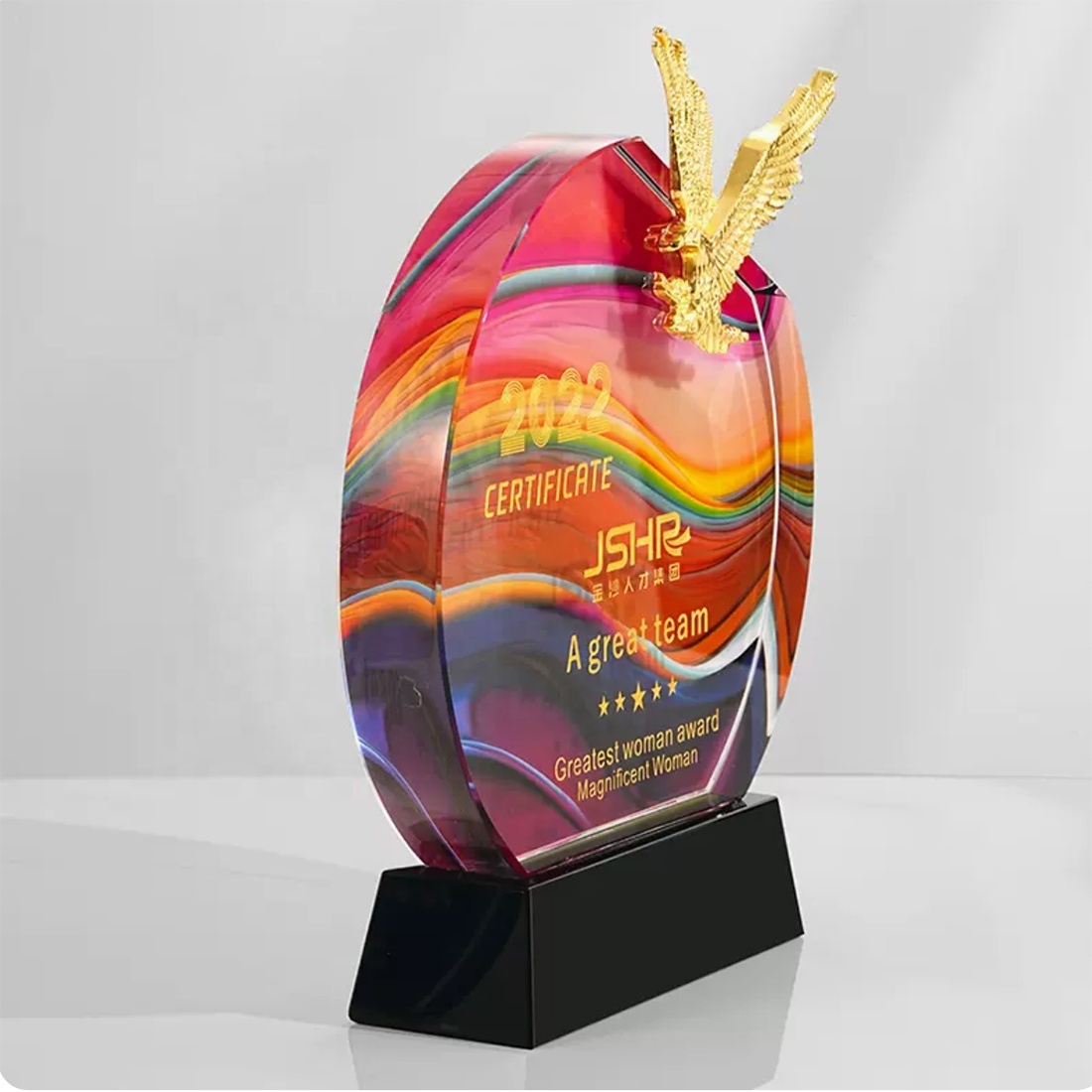Wholesale Color K9 Glass Eagle Trophy Crystal Plaque Carved Metal Hawk  Laser Awards Round  Anniversary Souvenirs Gifts