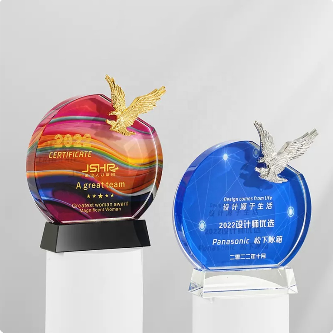 Wholesale Color K9 Glass Eagle Trophy Crystal Plaque Carved Metal Hawk  Laser Awards Round  Anniversary Souvenirs Gifts