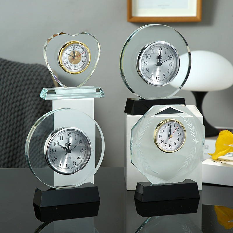 HBL Hand-Carved Transparent Engraving Crystal Glass Clock Living Room Wedding Decoration Memorial Gift or Souvenir Craft