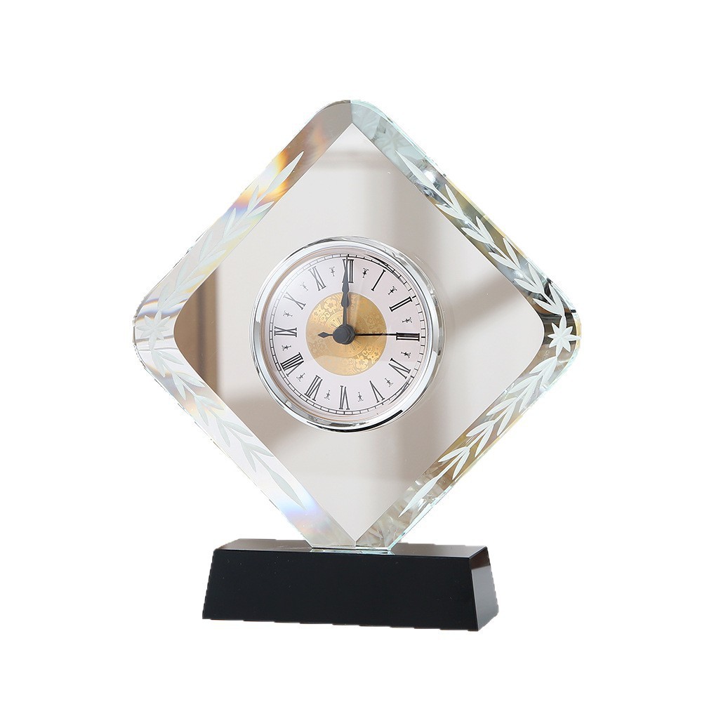 HBL Wholesale K9 Laser Engraved Clear Blank Crystal Desk Clock Custom Shape Crystal Desk Clock for Business Gift