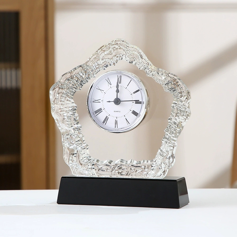 HBL Custom UV Printing Engraved Crystal Glass Clock Business Gifts Office Decor Souvenir Gifts Desk Decoration