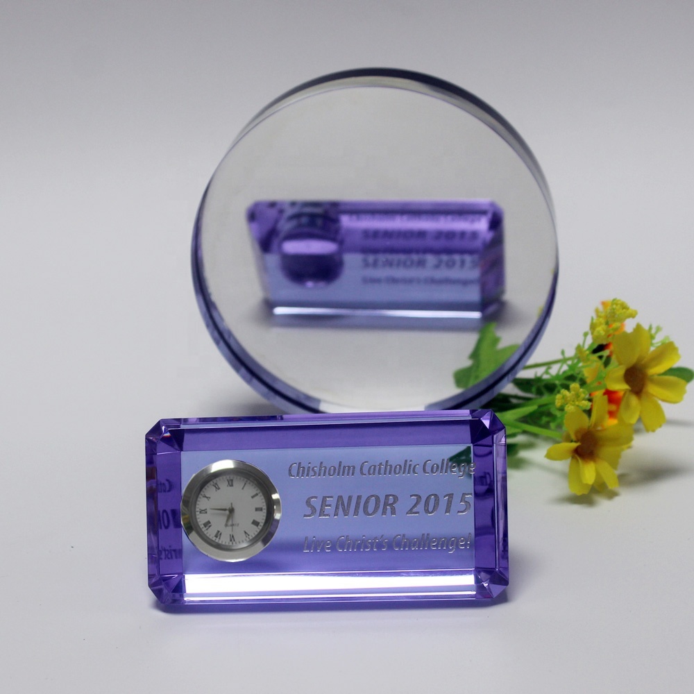 Crystal Glass Table Clock Stand Clock Laser Souvenirs  Cheap Mini Crystal Engraved Logo Crystal Promotional Custom 3d Clear Gift
