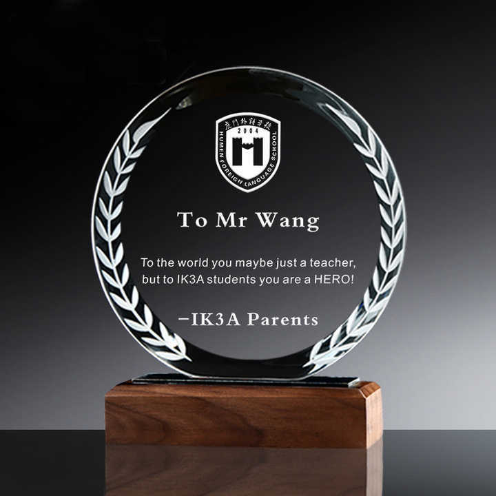 Crystal Glass Award Trophy with Wooden Base  for Corporate Presentation