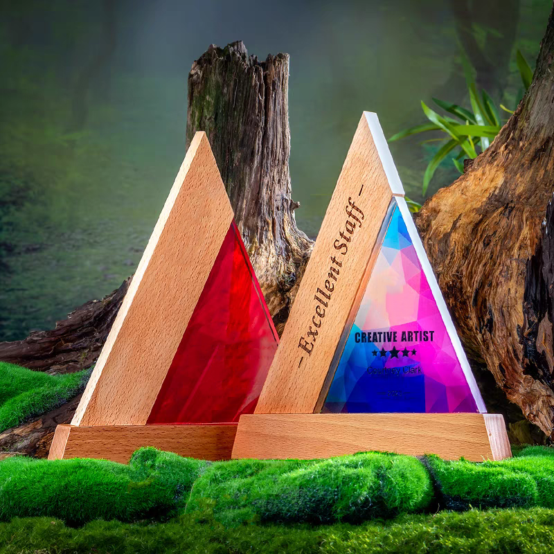 JN Business Wooden Trophy Sublimation Triangle Shape Engraved Uv Printing Wooden Award Trophy Wooden Shield Award