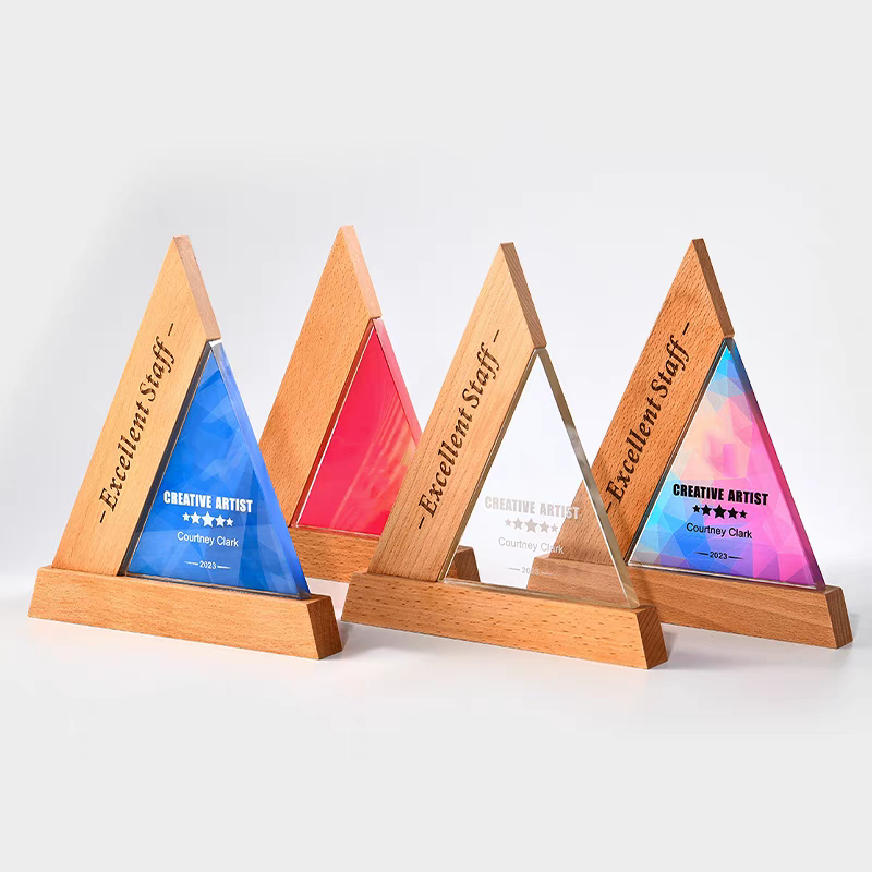 JN Business Wooden Trophy Sublimation Triangle Shape Engraved Uv Printing Wooden Award Trophy Wooden Shield Award