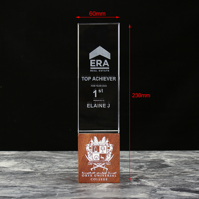 Hot Sale Clear Crystal Trophy With Wooden Base Custom Logo for Graduation Trophy Award