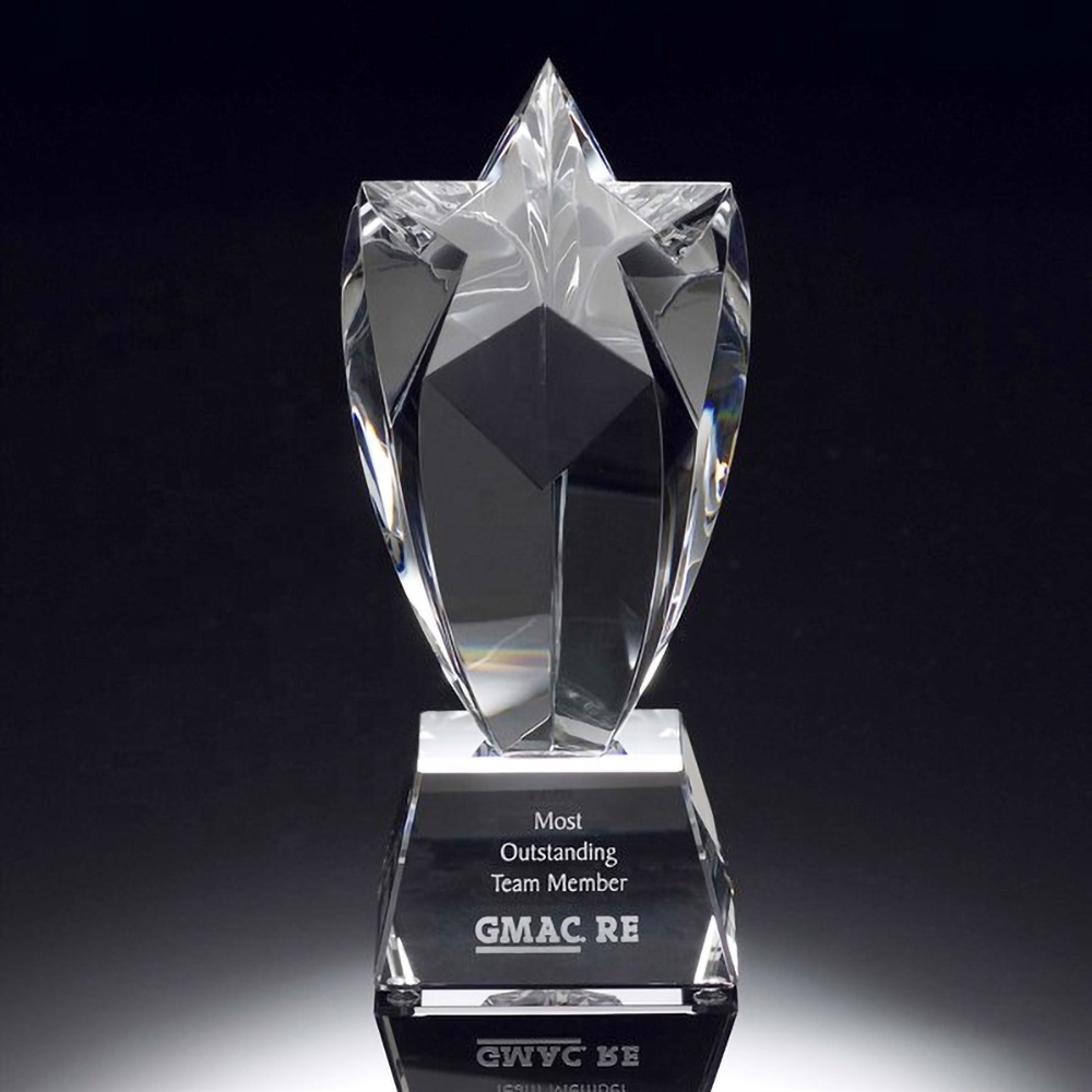 High Quality Custom Engraved Star Crystal Glass Award Trophy Gold Logo Five Points Art K9 Trophy on a Base 3D Laser Engraved