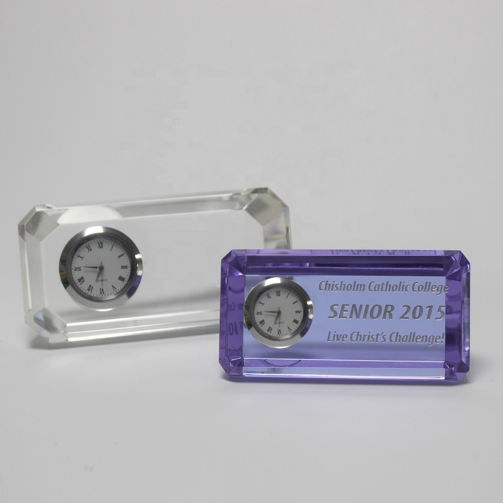 Crystal Glass Table Clock Stand Clock Laser Souvenirs  Cheap Mini Crystal Engraved Logo Crystal Promotional Custom 3d Clear Gift