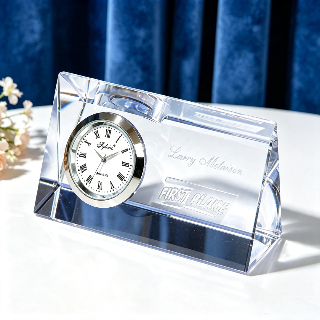 Premium Prism Crystal Clock Minimalist Quartz Desk Clock Company Annual Paperweight Promotional Gift Office Desktop Ornament