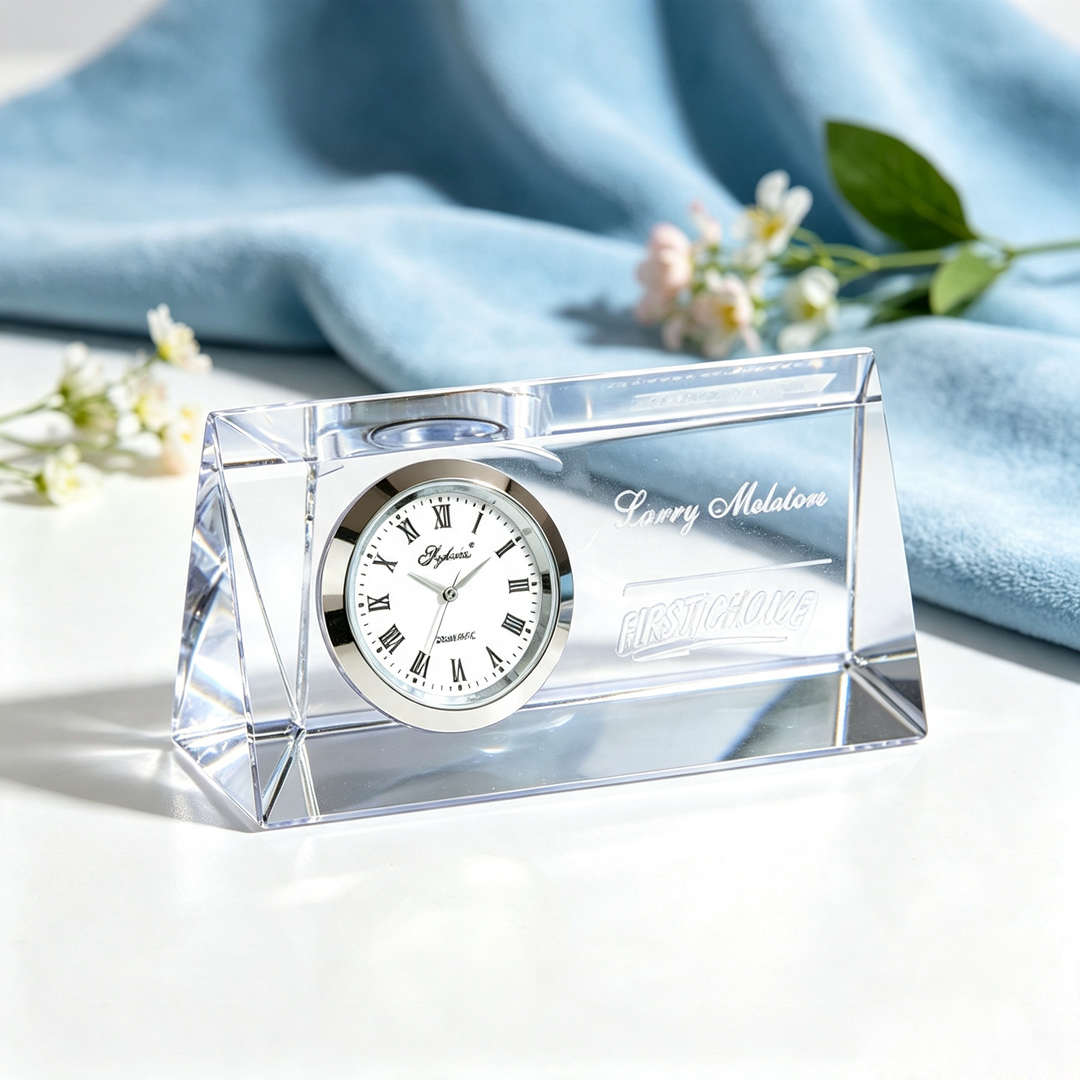 Premium Prism Crystal Clock Minimalist Quartz Desk Clock Company Annual Paperweight Promotional Gift Office Desktop Ornament