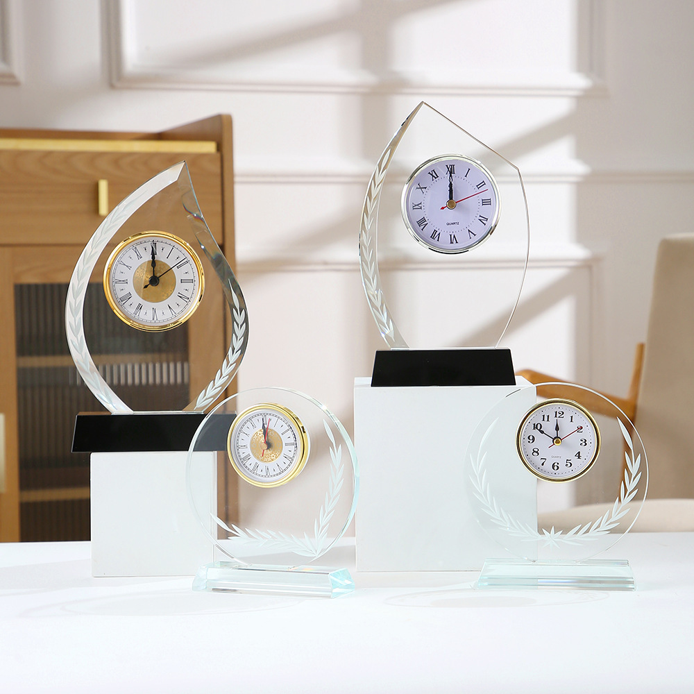 HBL Wholesale K9 Laser Engraved Clear Blank Crystal Desk Clock Custom Shape Crystal Desk Clock for Business Gift