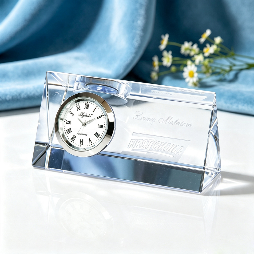 Premium Prism Crystal Clock Minimalist Quartz Desk Clock Company Annual Paperweight Promotional Gift Office Desktop Ornament
