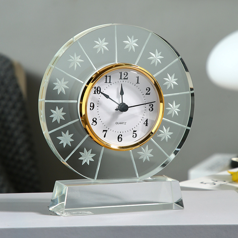 HBL Hand-Carved Transparent Engraving Crystal Glass Clock Living Room Wedding Decoration Memorial Gift or Souvenir Craft