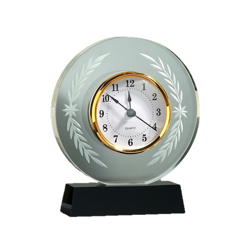 HBL Hand-Carved Transparent Engraving Crystal Glass Clock Living Room Wedding Decoration Memorial Gift or Souvenir Craft