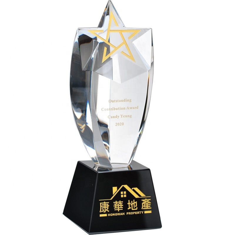 High Quality Custom Engraved Star Crystal Glass Award Trophy Gold Logo Five Points Art K9 Trophy on a Base 3D Laser Engraved
