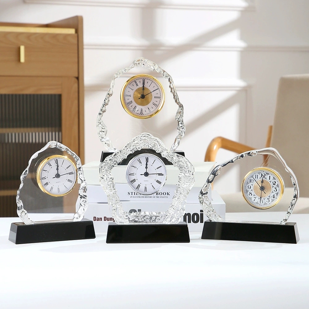 HBL Custom UV Printing Engraved Crystal Glass Clock Business Gifts Office Decor Souvenir Gifts Desk Decoration