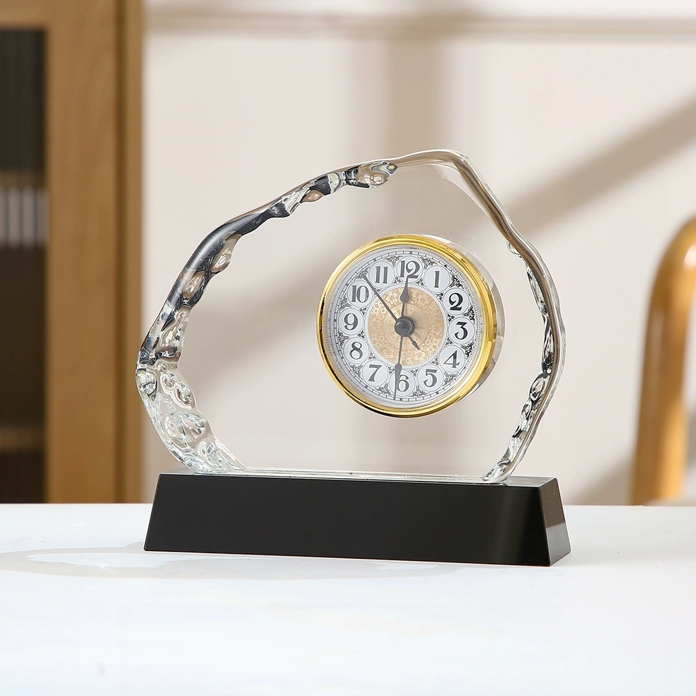 HBL Custom UV Printing Engraved Crystal Glass Clock Business Gifts Office Decor Souvenir Gifts Desk Decoration