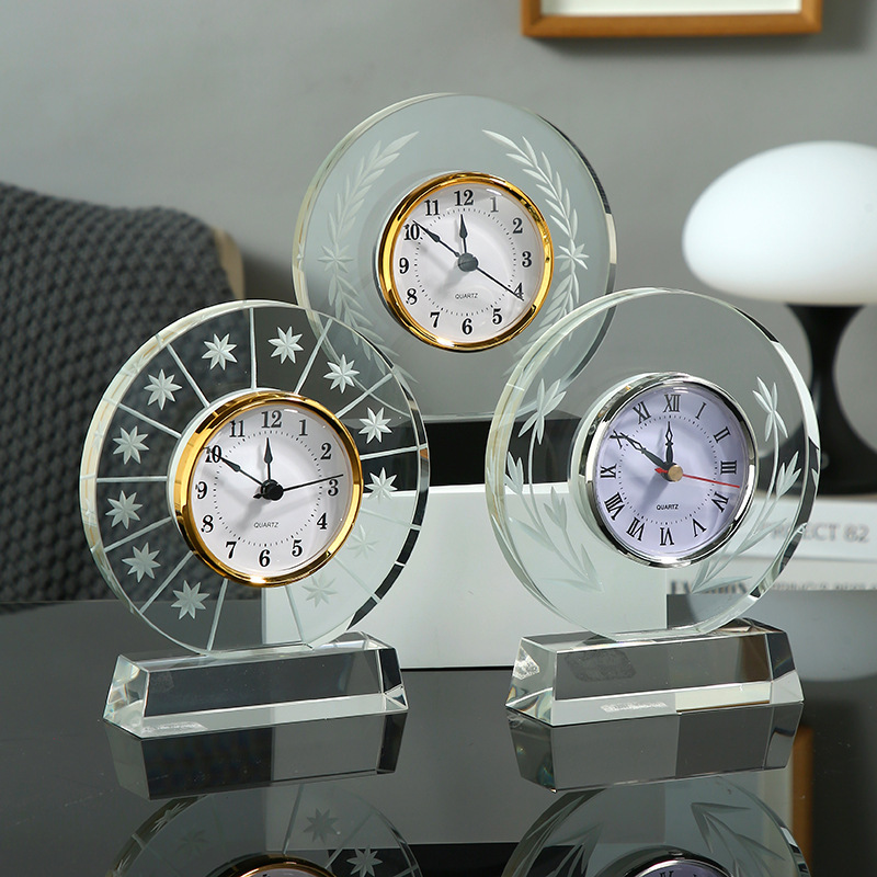 HBL Hand-Carved Transparent Engraving Crystal Glass Clock Living Room Wedding Decoration Memorial Gift or Souvenir Craft