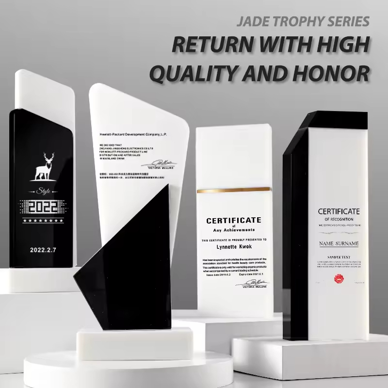 HBL Promotional UV Printing Marble White Jade Crystal Crafts Trophies and Medals with Base for Business Gift