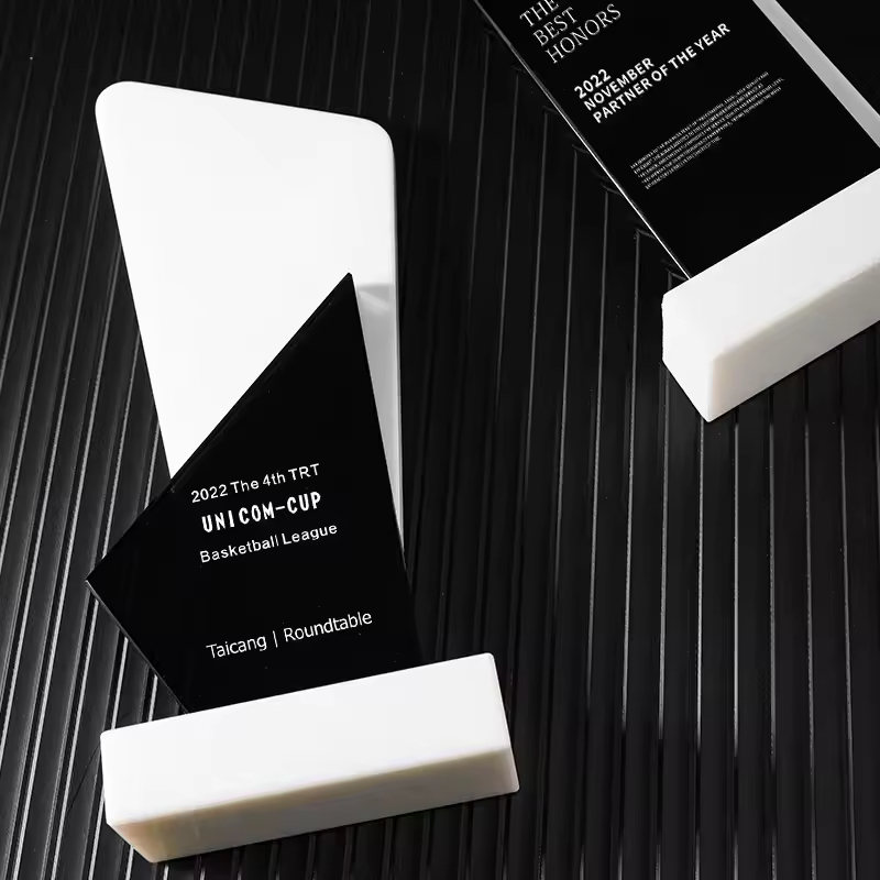 HBL Promotional UV Printing Marble White Jade Crystal Crafts Trophies and Medals with Base for Business Gift