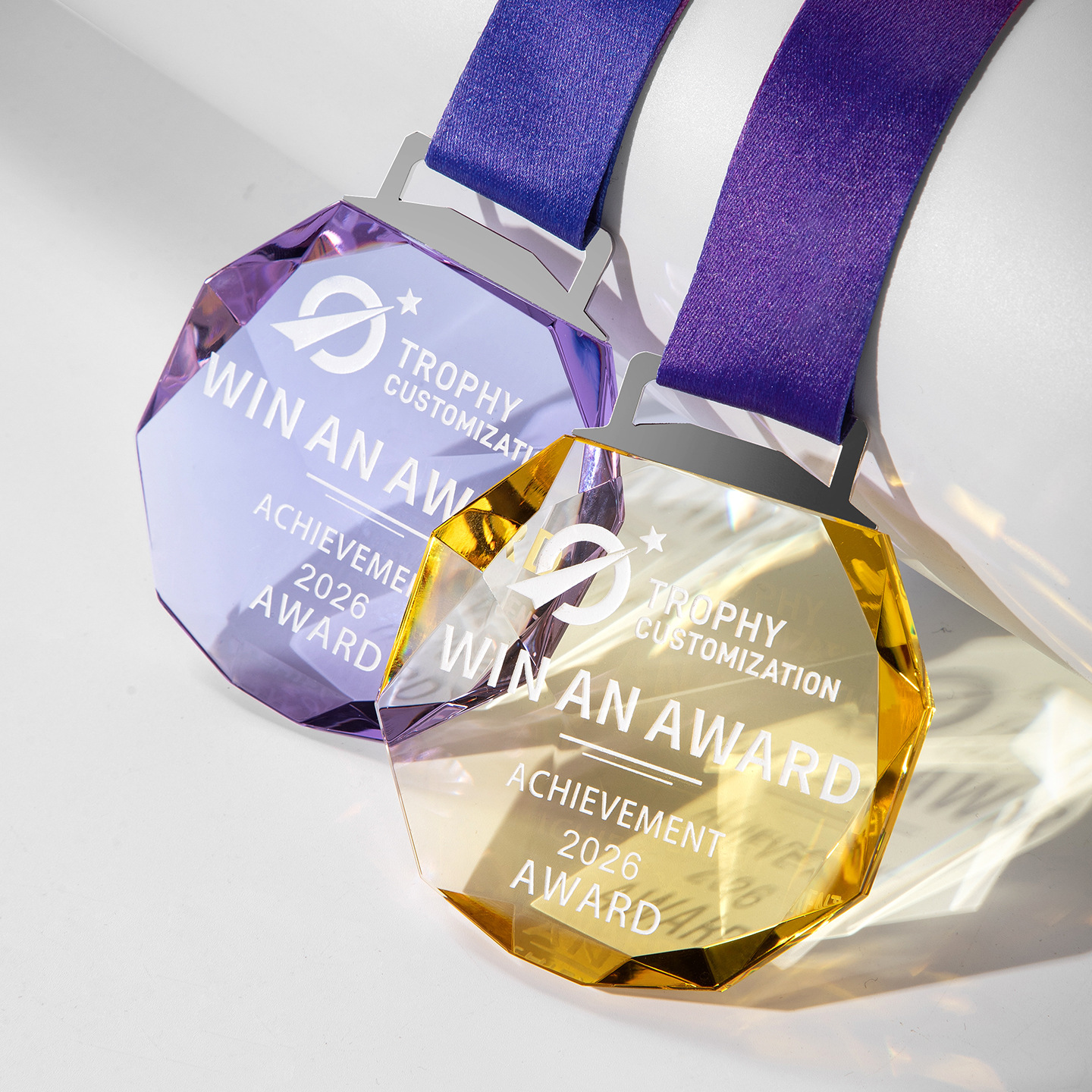 HBL Personalized Logo Custom Engraved Color Crystal Medal With Ribbon for Sports Competition Award Souvenir Gifts