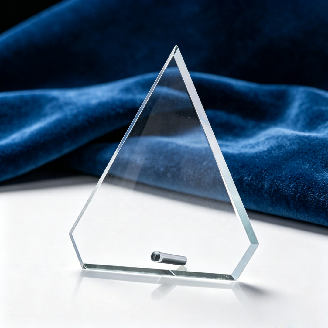 Souvenir Medal Presentation Clear Blue Glass Award Plaque Crystal Trophy Prize Giving With Metal Stand