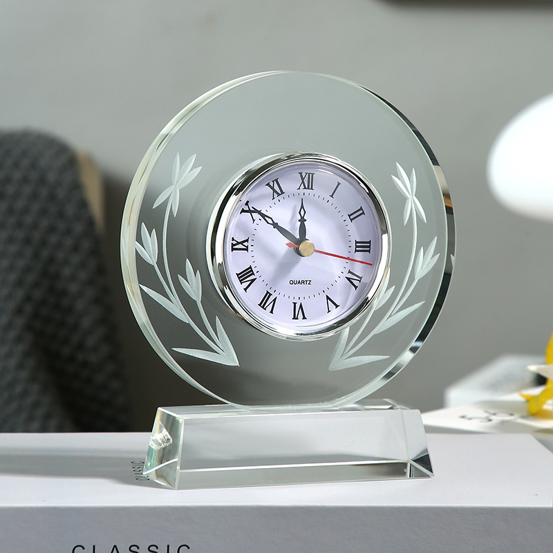 HBL Hand-Carved Transparent Engraving Crystal Glass Clock Living Room Wedding Decoration Memorial Gift or Souvenir Craft