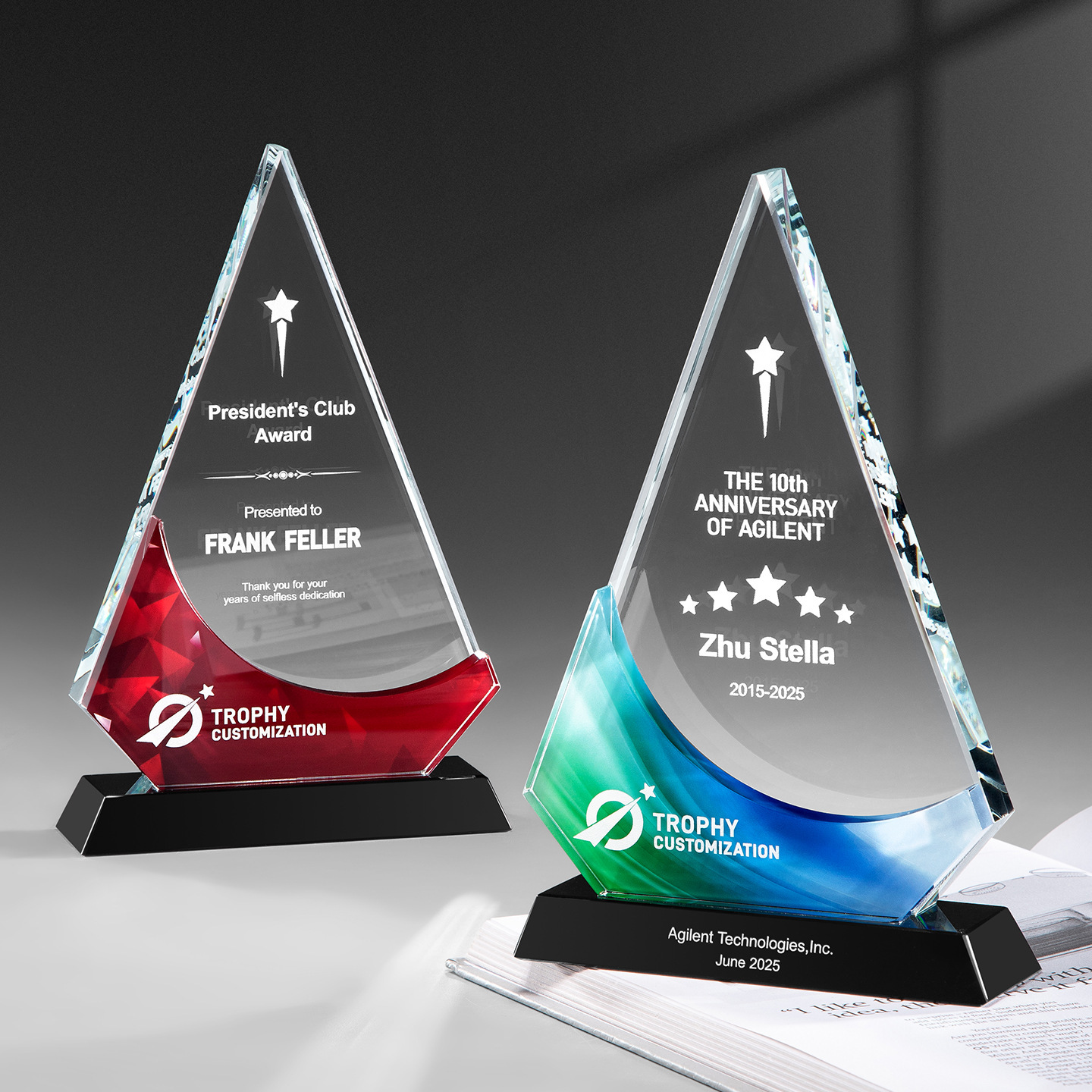 HBL Wholesale Triangle Shape Blank Crystal Glass Trophy Award Custom 3d Logo Trophies Medals Plaques With Black Base