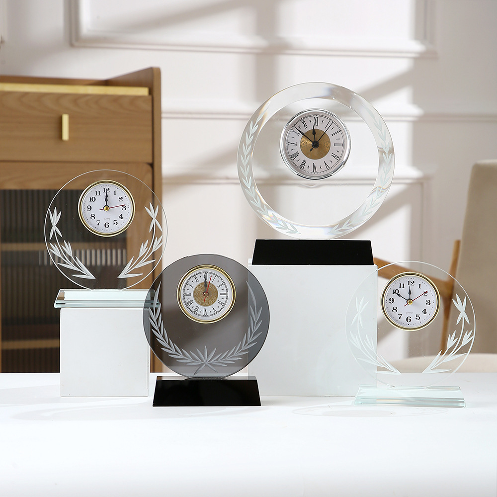 HBL Wholesale K9 Laser Engraved Clear Blank Crystal Desk Clock Custom Shape Crystal Desk Clock for Business Gift
