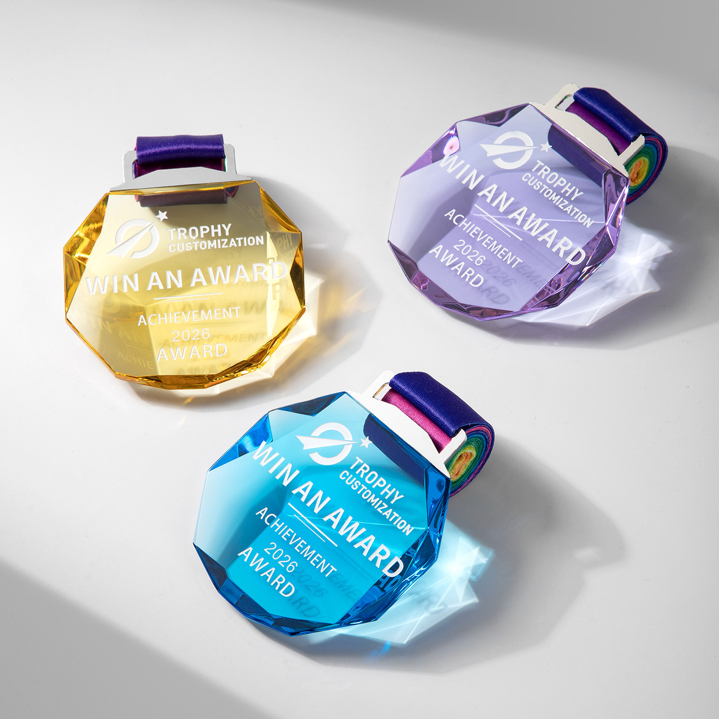 HBL Personalized Logo Custom Engraved Color Crystal Medal With Ribbon for Sports Competition Award Souvenir Gifts