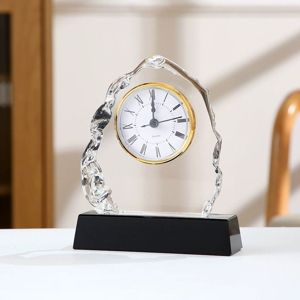 HBL Custom UV Printing Engraved Crystal Glass Clock Business Gifts Office Decor Souvenir Gifts Desk Decoration