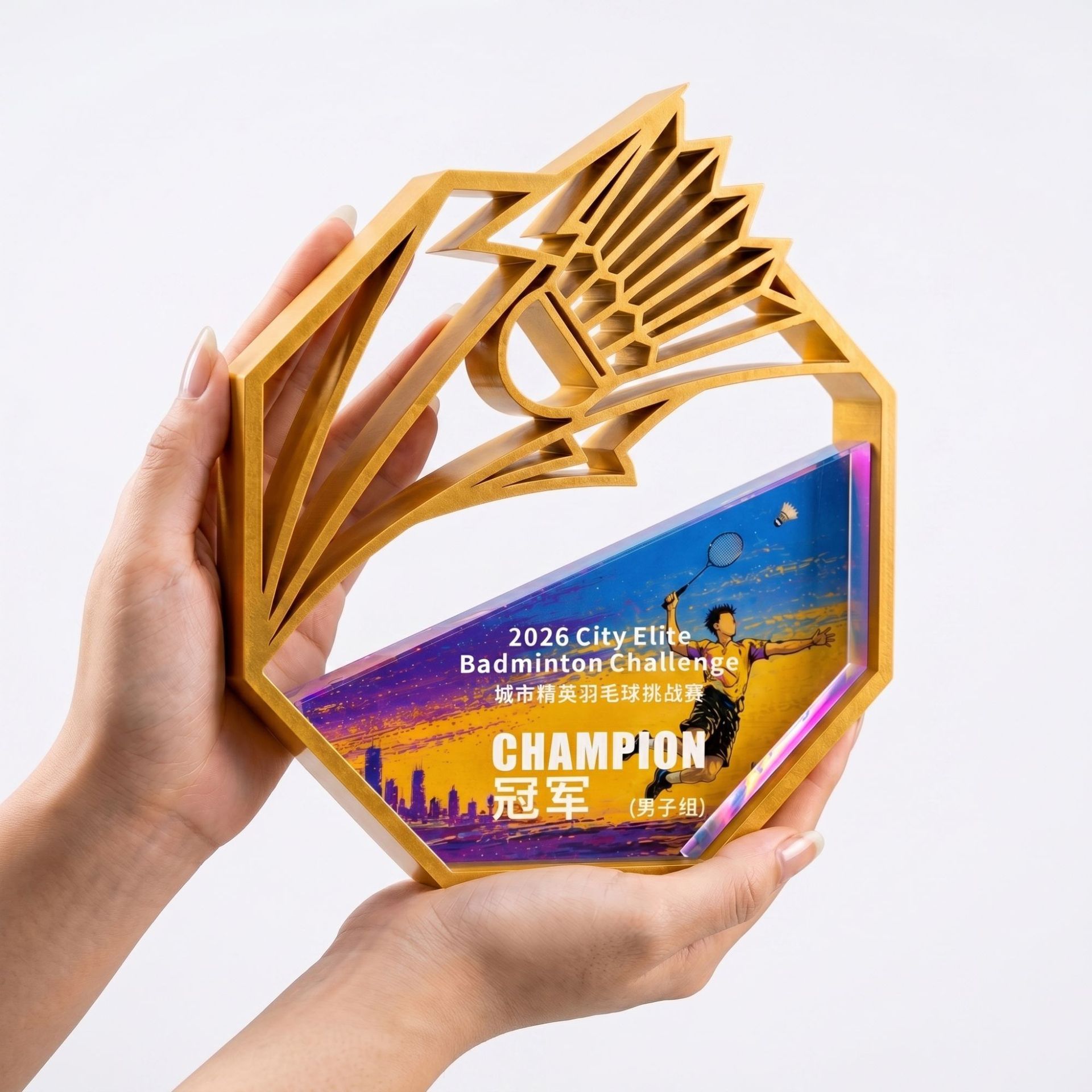 HBL Full Color Printing Custom Sports Metal Hollow Frame Crystal Award Trophy for Basketball Football Badminton Competition