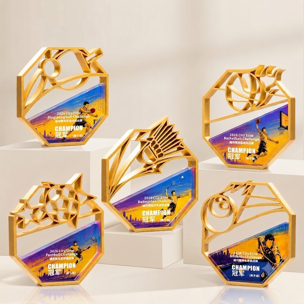 HBL Full Color Printing Custom Sports Metal Hollow Frame Crystal Award Trophy for Basketball Football Badminton Competition