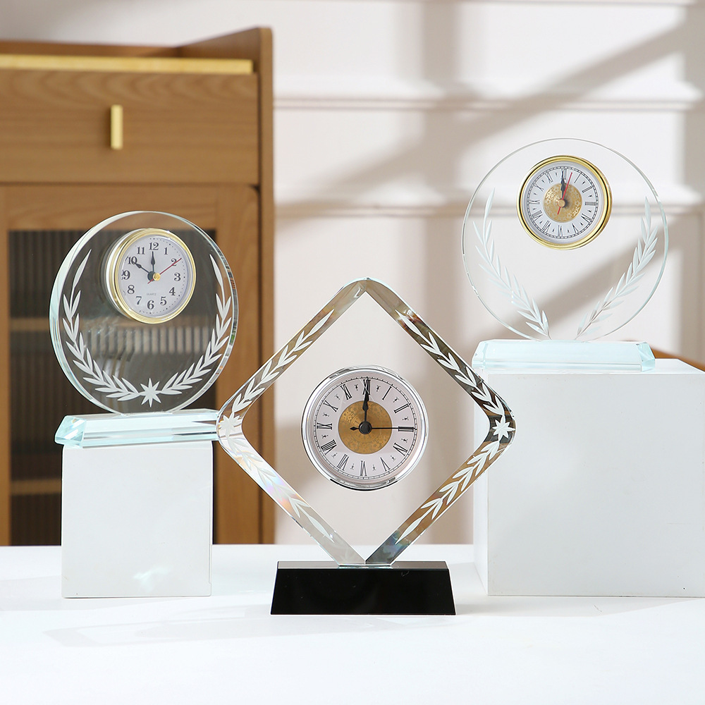 HBL Wholesale K9 Laser Engraved Clear Blank Crystal Desk Clock Custom Shape Crystal Desk Clock for Business Gift