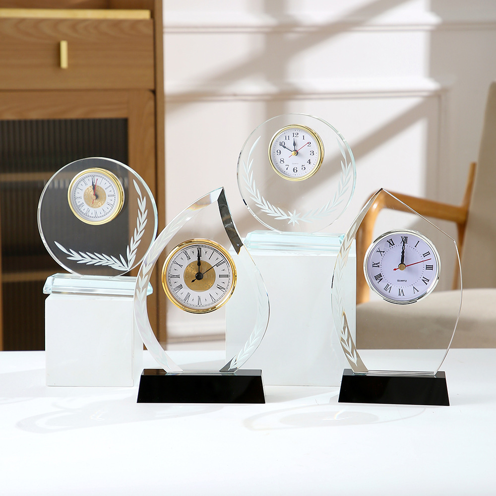 HBL Wholesale K9 Laser Engraved Clear Blank Crystal Desk Clock Custom Shape Crystal Desk Clock for Business Gift