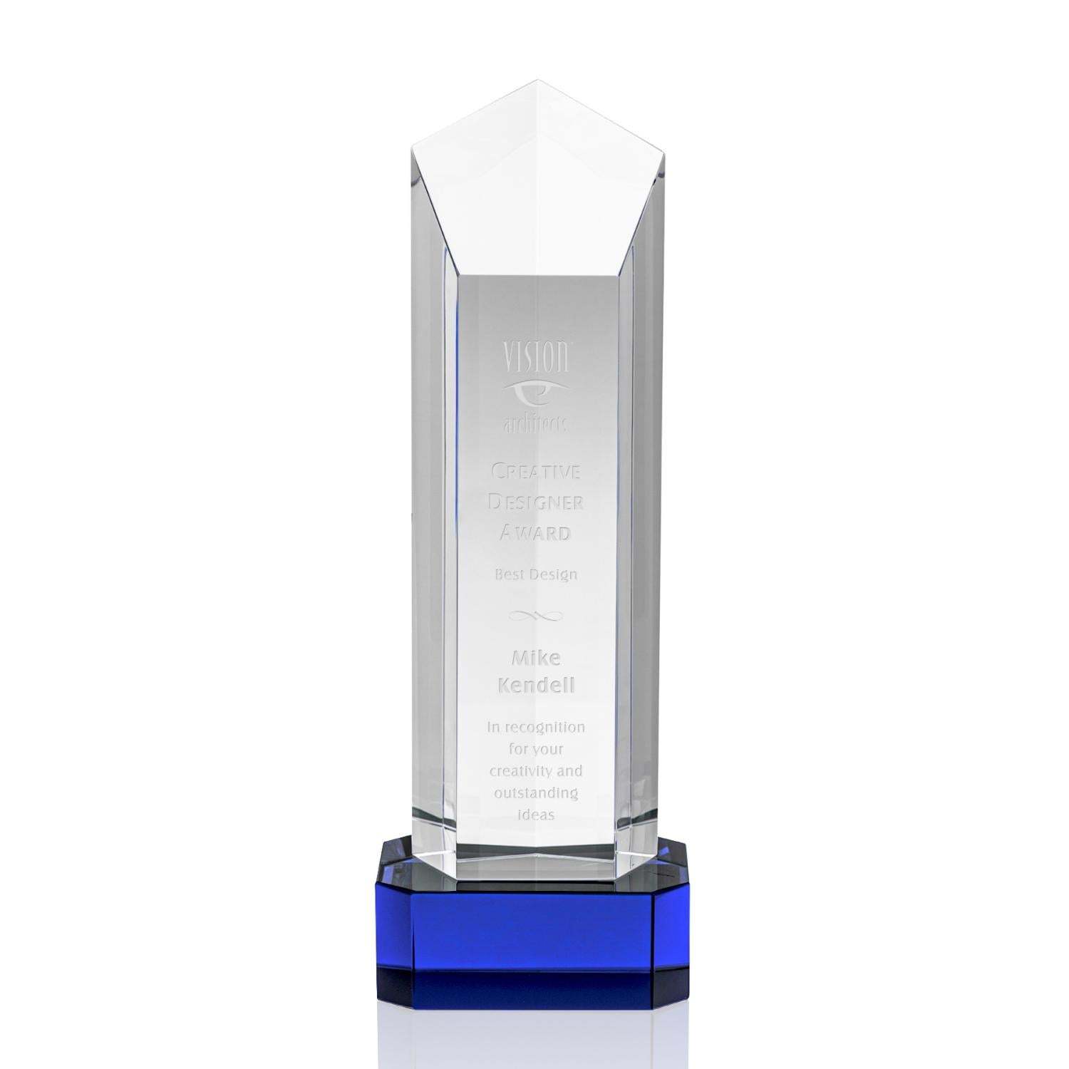 New Design Elegant Optical Crystal Pentagon Trophy with Blue Base for Business Gift Souvenir Gift