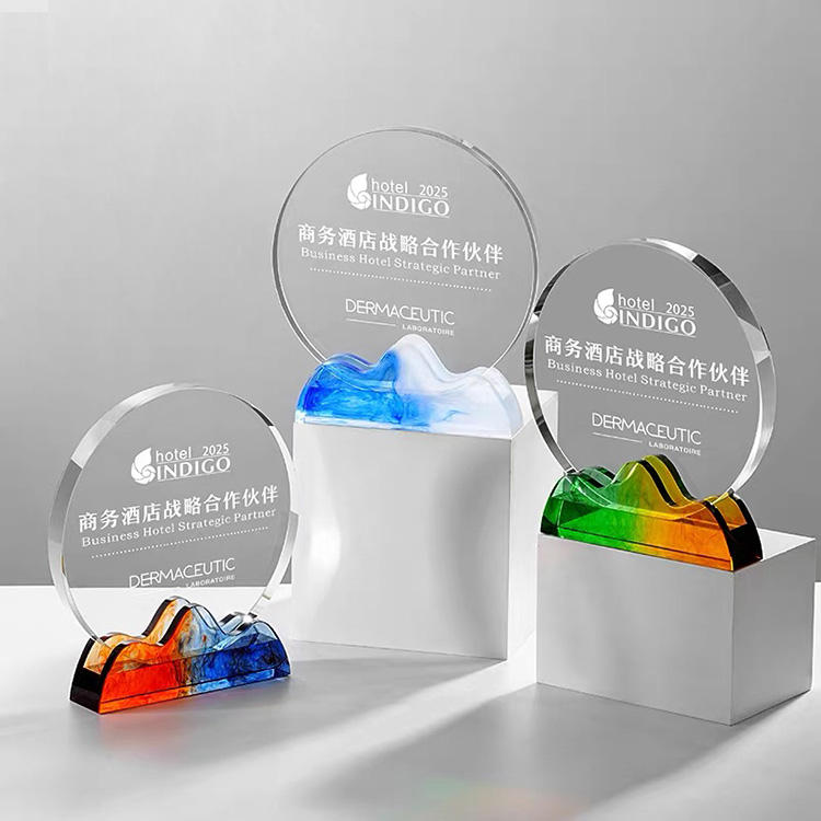 Creative Mountain Shape Base Glass Plaque Round with Colors Base Crystal Trophy Plaque for Banquet and Activities Trophy