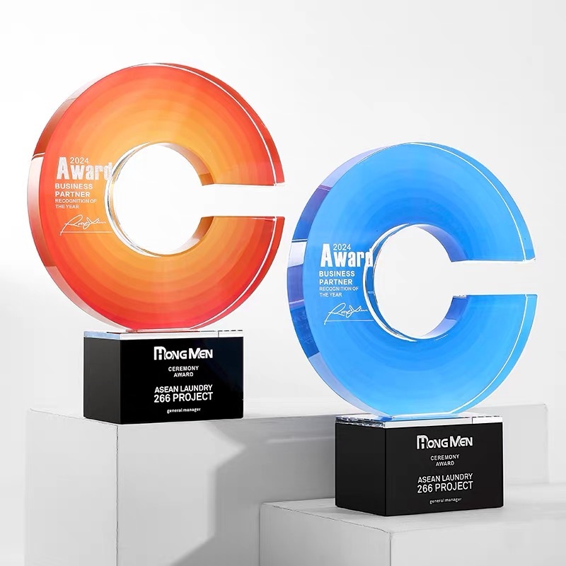Full Color Printing Crystal Round C Shape Trophy With Black Crytal Base  MH-J761