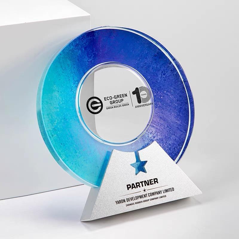 Wholesale Custom Logo Full Color Printing Crystal Circle Trophy with Silver Metal Base MH-NJ0998