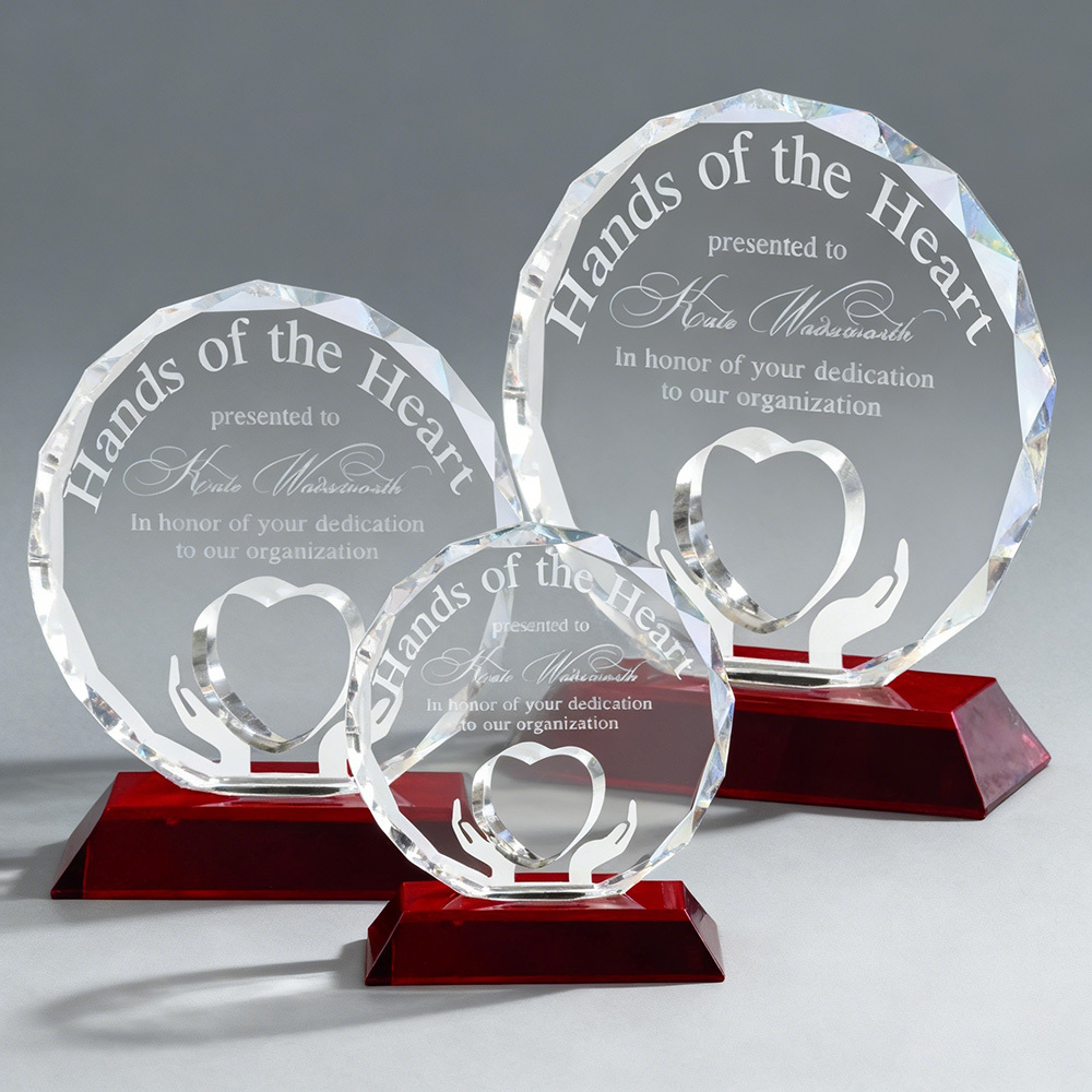 Crystal Elegent Design Heart in Hand Trophy with Red Base for Corporate Recognition Awards