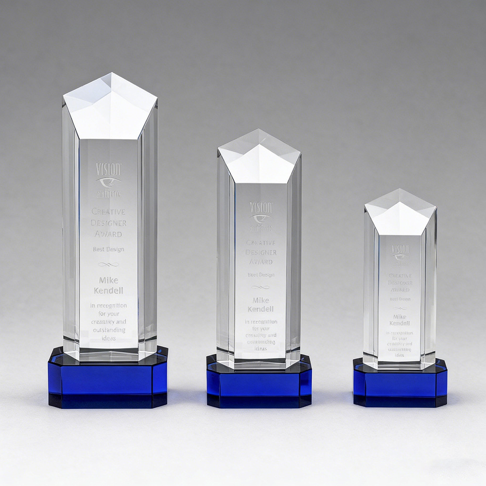 New Design Elegant Optical Crystal Pentagon Trophy with Blue Base for Business Gift Souvenir Gift