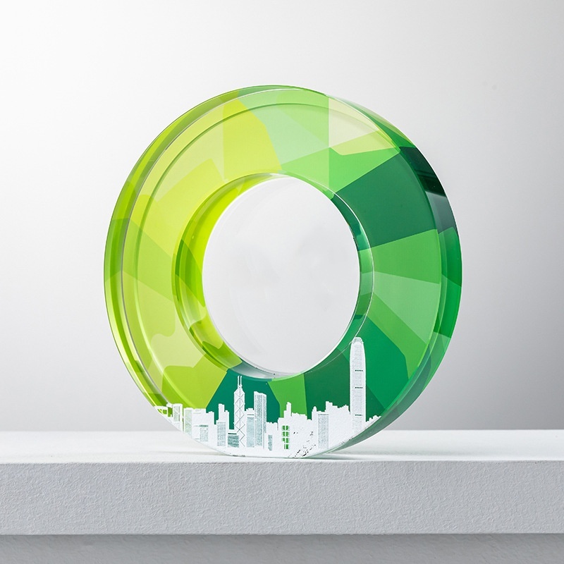 Fashion Round Crystal Award Plaque Custom UV Gradient Printing Design Corporate Commemorative Prize Crystal Trophy