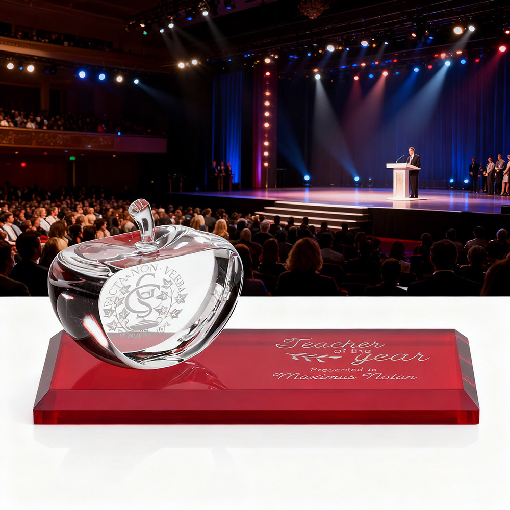 Noble Wholesale Fashion Style Crystal Apple Award Trophy with Red Base Collection for Souvenirs Crystal Crafts