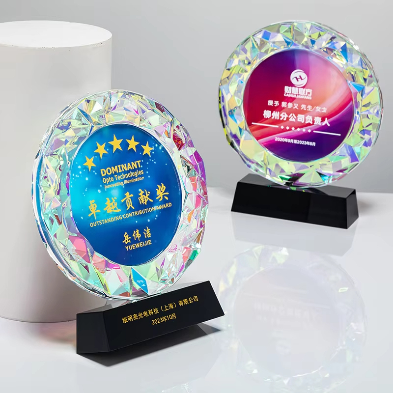 Honor of Crystal Colorful K9 UV Printing Champion Crystal Trophy with Black Base for Souvenir Gift
