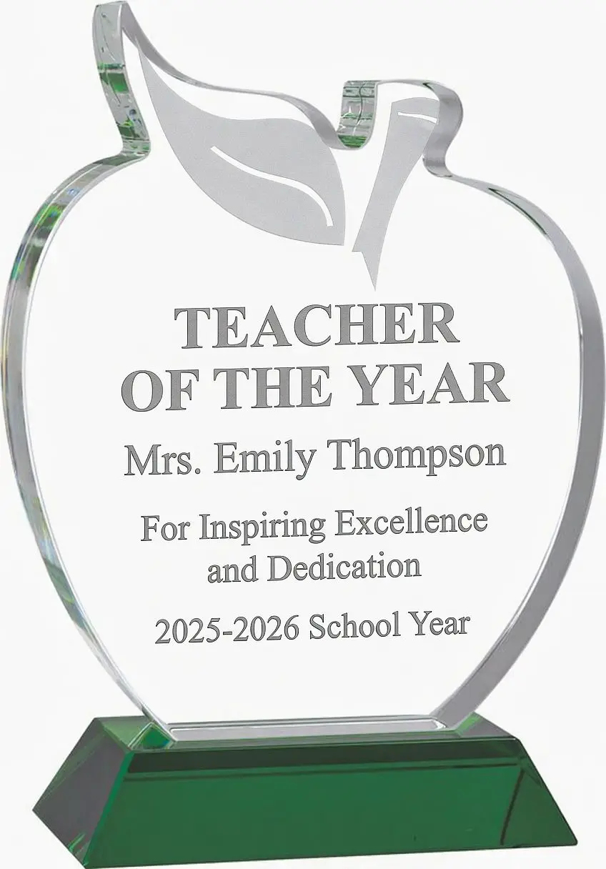 Best Selling Crystal Achievement Trophy Apple Shape with Green Base Promotional Business Gift