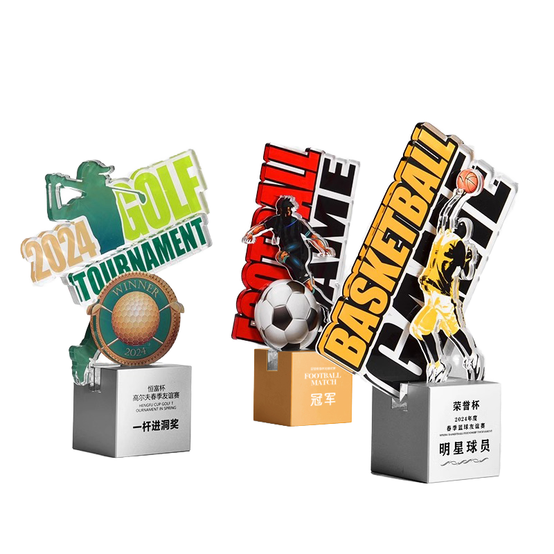 Creative Custom Acrylic Trophy Die Cutting Printing Fully Custom Award Metal Base Customize Color Shape Size Gift Box Durable