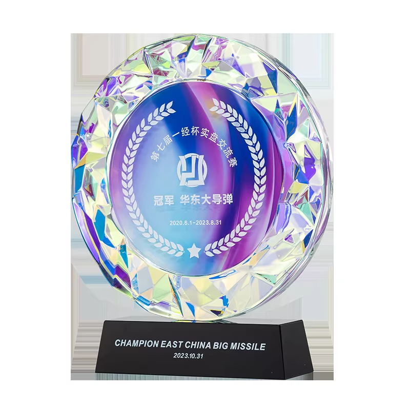 Honor of Crystal Colorful K9 UV Printing Champion Crystal Trophy with Black Base for Souvenir Gift